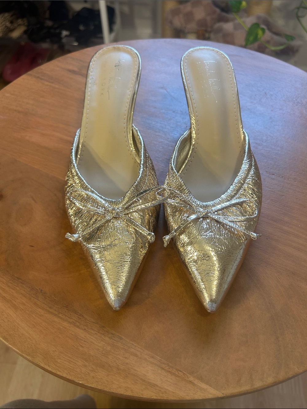 Nicole Miller Metallic Gold Pointed Herled Mule with Decorative Bow